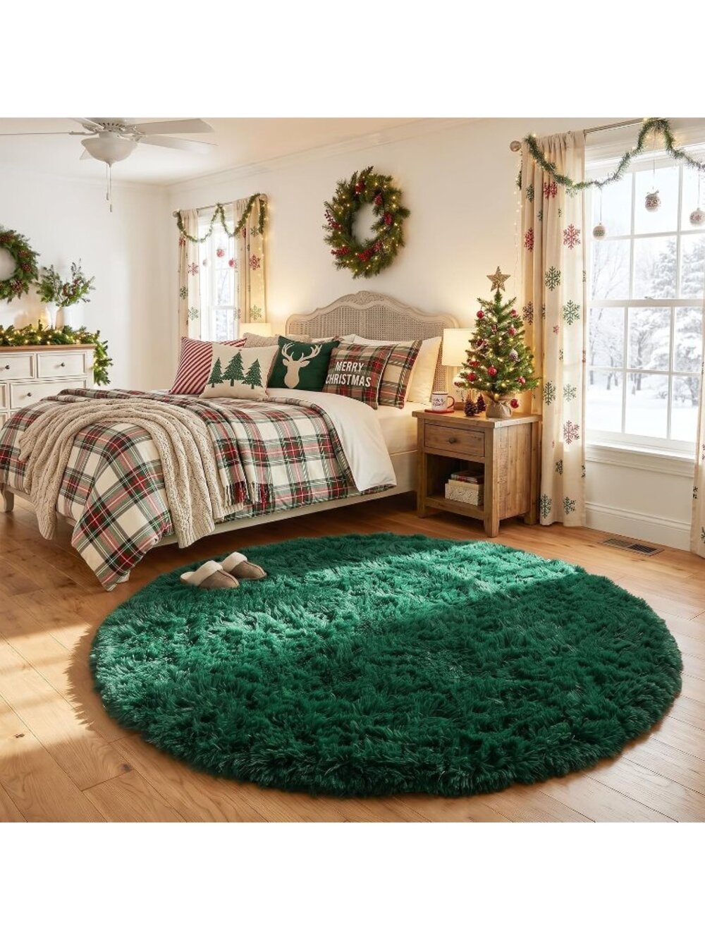 〽️Dark Green Round Fuzzy Rug 4Ft Kid Bedroom Living Room Dorm Fluffy Shag Carpet